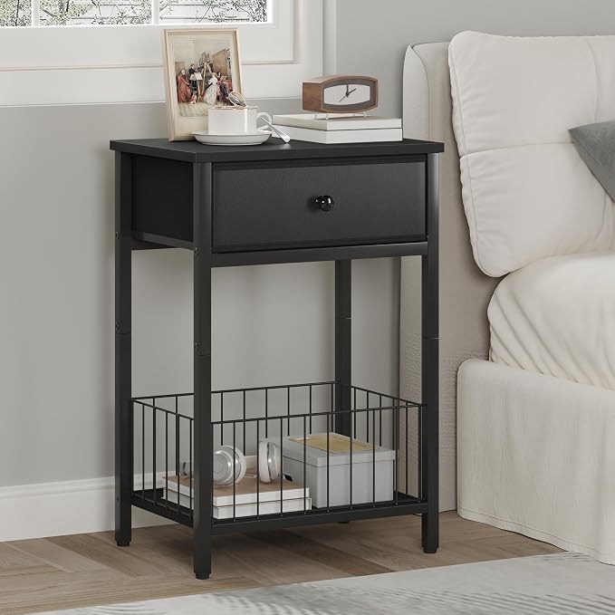 Nightstands Set of 2 with PU Leather Front Drawer, 3-Tier End Table with Bottom Mesh Basket, Industrial Bedside Tables for Bedroom, Black - Image 2