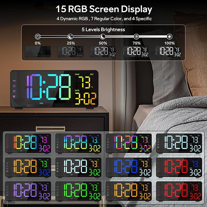 Digital Alarm Clocks for Bedrooms, RGB Desk Clock with 15 Color Display, Date Temperature and Weekday, DST, Snooze, 2 Alarms, Ambient Lighting for Living Room, Bedside Office Gaming Desk Decor - Image 3