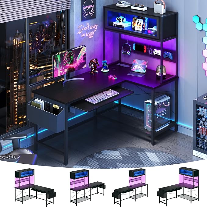 L Shaped Gaming Desk with Power Outlets & LED Lights, 39'' Small Reversible Computer Desk with Hutch & Pegboard & Display Cabinet, Corner Home Office Desk with Keyboard Tray & Storage Bag, Black by HUAHUU