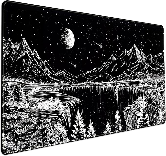 Black and White Desk Mat Dark Nature Forest Mouse pad XXL Starry Night Mountain Desk pad Aesthetic Moon and Stars Mousepad XXL for Laptop Computer Mouse Gaming Keyboard Mat, 31.5 X 15.8 in by Mechanical+Cattle