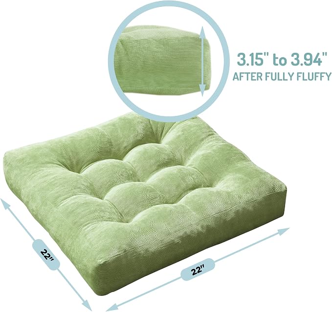 Floor Pillows Set of 2, Large Meditation Cushion for Adults, 22 Inch Square | Reading nook & office use, Tatami seating, Corduroy cover, 3.5 in thick, Shredded memory foam fill, Green yoga pad - Image 3