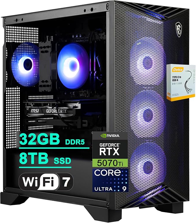 MSI Aegis R2 AI 2nd Gaming Desktop | Intel 24-core Ultra 9 285 | 32GB DDR5 8TB SSD | GeForce RTX 5070 Ti 16GB (Up to 1406 TOPS) 5Gb LAN WiFi7 RGB CPU Air Fan Cooler 80+ Gold PSU Win11 w/DLCA Accessory by Unknown