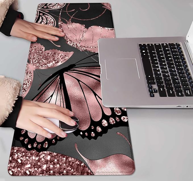 IMAYONDIA Gaming Mouse Pad for Women, Large Non-Slip Rubber Base Mousepad with Stitched Edges, Keyboard Mouse Mat Desk Pad for Work, Game, Office, 31.5x11.8 Inch - Rose Gold Glitter Foil Butterfly - Image 7