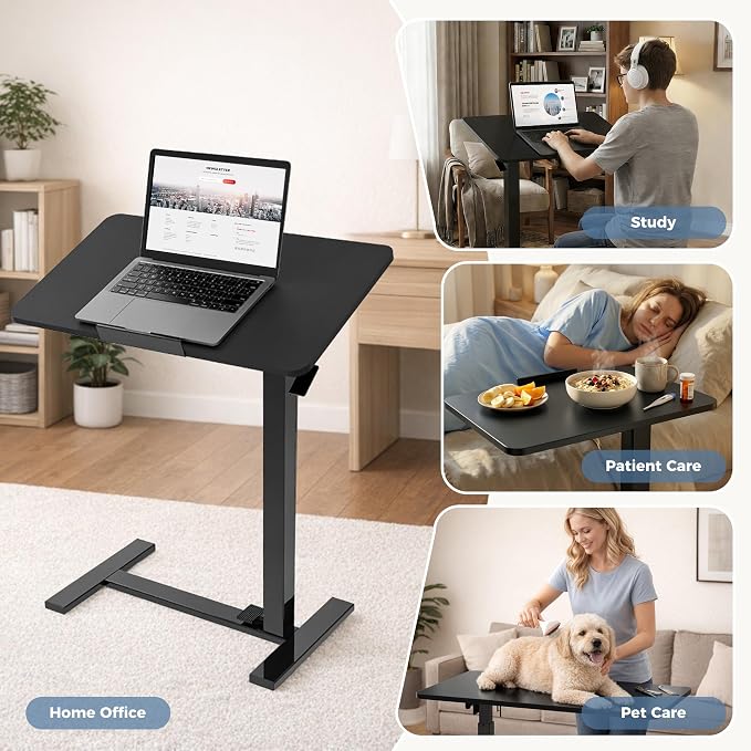 Adjustable Overbed Bedside Table with Hidden Wheels, Mobile Standing Desk with Pneumatic Lift, Portable Computer Workstation Cart for Bed, Couch, Office, Sofa, Black - Image 6