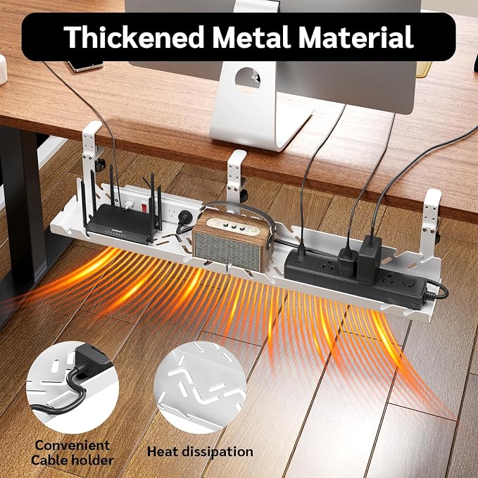 Extended Metal Under Desk Cable Management Tray with Power Outlet - Image 3