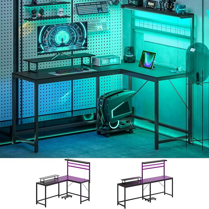 HOMCOM Gaming Desk 62" 2 Person L Shaped Desk, Power Outlets, LED, Black by HOMCOM