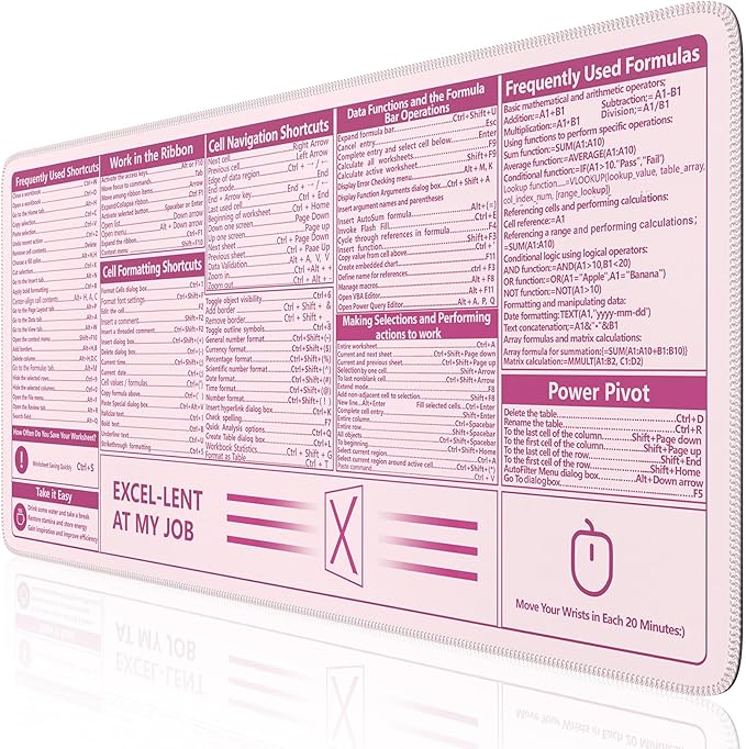 iCasso Excel Cheat Sheet Desk Pad, Pink Excel Shortcuts | Excel Mouse Pad Shortcuts, Excel Shortcuts Cheat Sheet Keyboard Mat, Extended Large XXL Non-Slip mousepad with Stitched Edges by iCasso