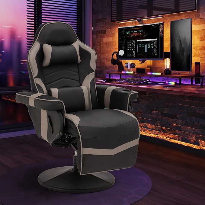 Massage Gaming Recliner Chair with Cup Holder & Side Pockets – Ergonomic PU Leather Video Gaming Chair with Footrest, Manual Recline, Headrest & Lumbar Support for Office or Game Room (Grey) by CALIVIA