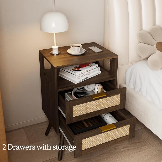 JOONEE Rattan Nightstand,Farmhouse Bedside Table with 2 Storage Drawer and Open Wood Shelf, for Bedroom and Small Spaces,Night Stand with Solid Wood Legs (Walnut Brown) - Image 5