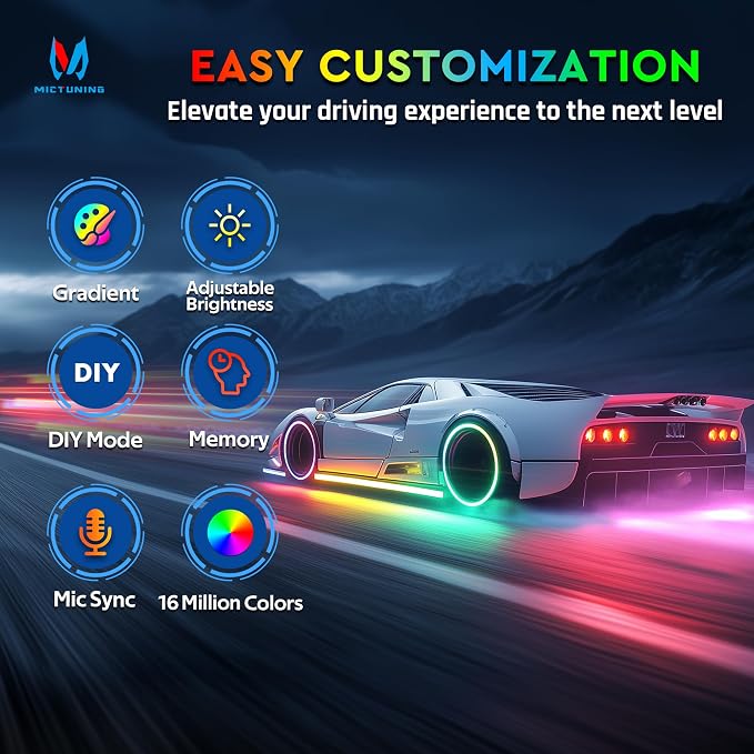 MICTUNING 8Pcs N8+ Chasing Color RGB+IC Underglow Neon Accent Strip Lights, 12V Multi DreamColor Music Soundsync Exterior Underbody Lights for Car, Wireless App & Remote Control, 2 Years Warranty - Image 2