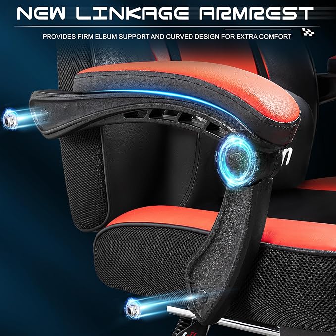 Gaming Chair with Footrest, Video Game Chair for Adults, Big and Tall Computer Chair with Massage Lumbar Support 330lb Weight Capacity, Ergonomic Adjustable Height and 360° Swivel Seat (Red) - Image 7