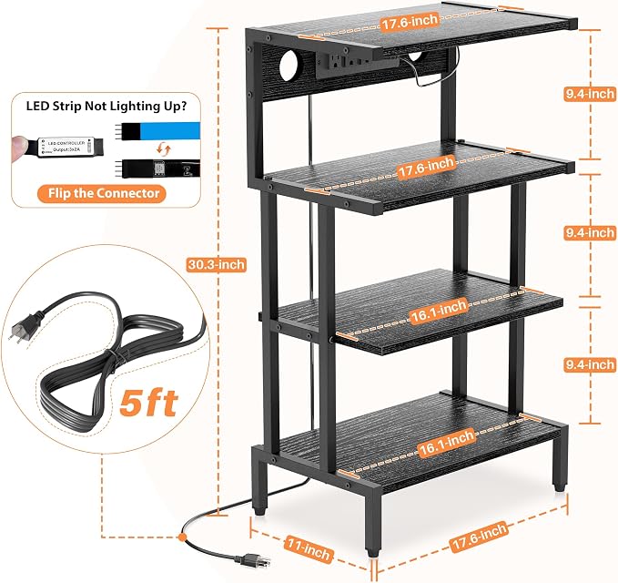 Aquzee Game Console Shelf, 4-Tier Video Gaming Consoles Stand with Outlet & RGB Light, Small Media Entertainment Center for Audio Stereo Storage Organizer Playroom Furniture, Stereo Stands and Racks - Image 3