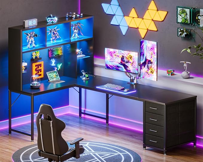 AODK 71" L Shaped Desk for Gaming and Working，Black | PC Desk with Hutch, Pegboard & Shelves, 4 Drawers, Integrated LED Light Strip & Power Outlets, Reversible - Image 2