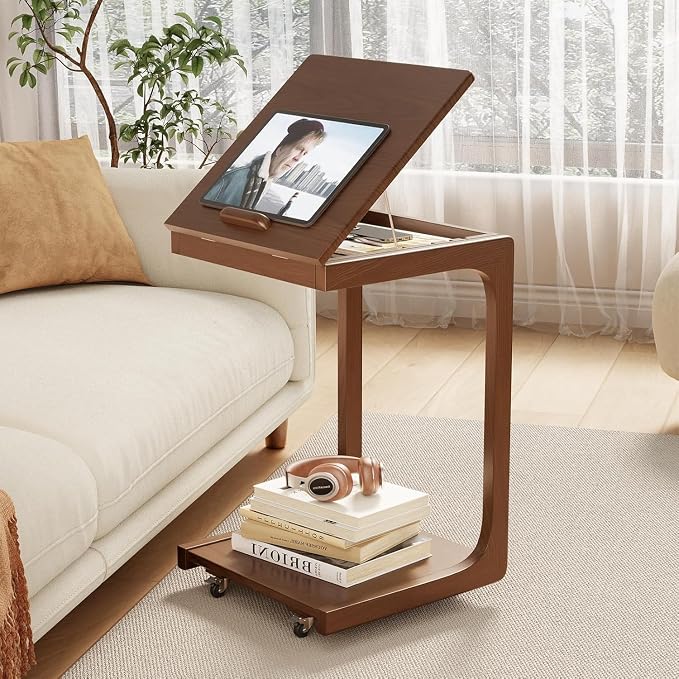 AQIMUELE Wooden C-Shaped End Table,Couch Table with Adjustable Desktop,Small Rolling Side Table with 2 Lockable Wheels,Small End Table for Couch, Living Room,Bedroom (Walnut) by AQIMUELE