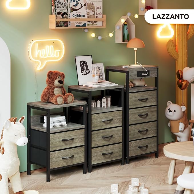 Lazzanto Night Stand with Charger Station, 4 Fabric Drawers, Grey - Image 2