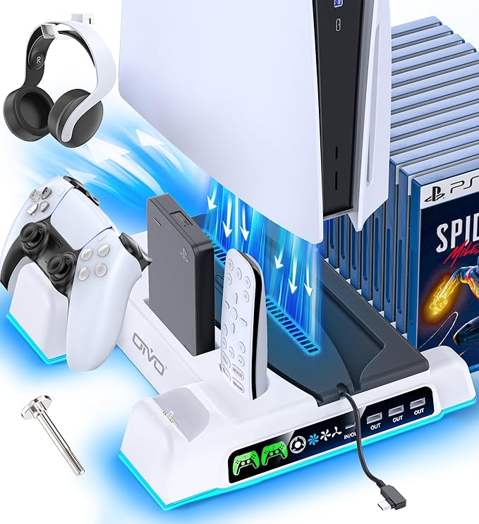 OIVO PS5/Slim/Pro Stand and Cooling Station with LED Controller Charging Station for PlayStation 5 Console, Controller Charger, Cooling Stand, PS5/Slim/Pro Accessories Kit with 3 Level Cooler Fan by OIVO
