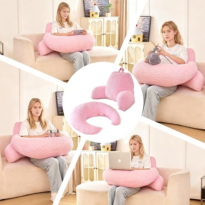 19" Reading Pillow for Bed,U Shaped Arm & Elbow Support,Pink Flannel | Backrest Supports Back,U shaped Lap Pillow Cushions Arms,Elbows & Wrists,Soft Flannel for Reading,Gaming,Watching TV - Image 5