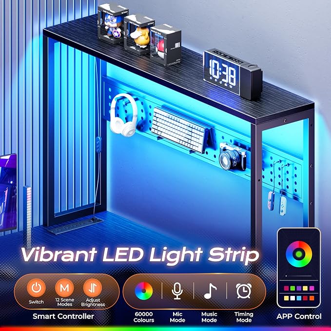 PRAISUN L Shaped Gaming Desk with LED Lights & Power Outlets | Reversible Computer Desk with Storage Shelves & Bag, Large Corner Home Office Desk with Pegboard for Work from Home, Black - Image 4