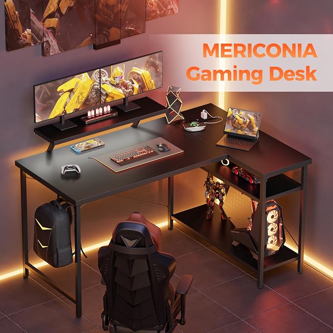 Mericonia 40 in Corner Desk with Monitor Stand, Small L Shaped Gaming Desk | Reversible Computer Desk with Power Outlets, LED Light & Storage Shelves, Office Table for Home Bedroom Study Work Writing - Image 3
