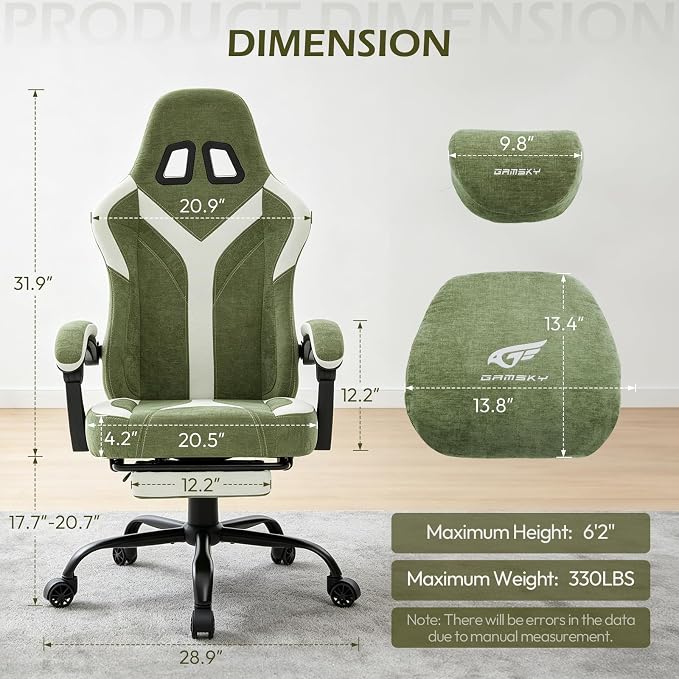 Ergonomic Gaming Chair for Adults - Comfortable Office Computer Chair with 20.5” Wide Seat, Adjustable Video Game Chair with Footrest and Lumbar Support for Home Office, Green - Image 3