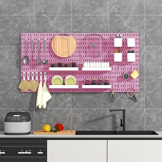 Pegboard Combination Kit, 8 Peg Boards and 30 Accessories Modular Hanging Black Pegboard for Walls, Office Wall Organizer, Keys Holder on Wall, Nursery Storage, 44"x22" Pink - Image 6