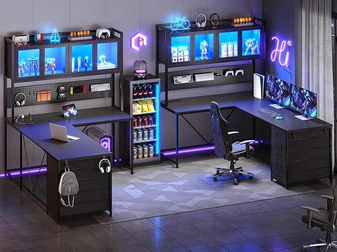 SEDETA L Shaped Gaming Corner Desk with Drawers, Hutch and Storage Shelves | Reversible Computer Desk, Gaming Desk with Pegboard, Led Lights, and Power Outlet for Home Office, Small Space, Black - Image 4