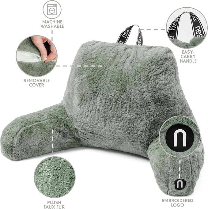 Nestl Fur Reading Pillow, Stylish Back Pillow for Bed Sitting Up, Faux Fur Bed Chair Pillow with Arms, Reading Pillows for Sitting in Bed Adult & Kids, Back Support Pillow for Bed Rest - Sage Green - Image 4