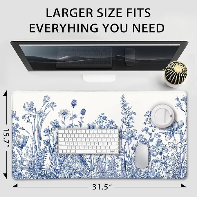 Large Gaming Mouse Pad Desk Mat 31.5"x15.7" Non Slip Blue Floral | Extended Mousepad, Non-Slip Rubber Base , Stitched Edges, for Computer/Laptop/Office/Home - Image 4