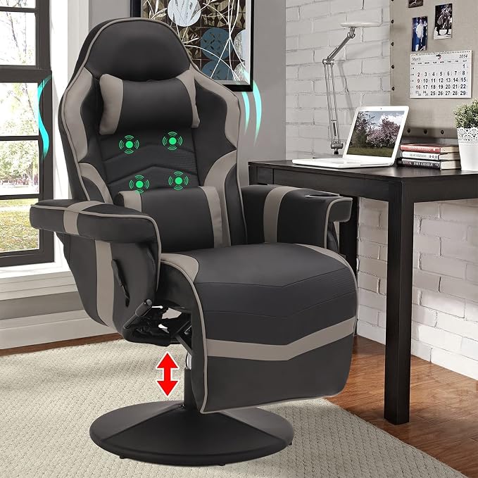 LVUYOYO Reclining Gaming Chair, Gaming Chair with Footrest and Massage, High Back PU Leather Gaming Recliner w/Adjustable Height, Swivel Game Chair with Lumbar Support, Cup Holder, Headrest by LVUYOYO