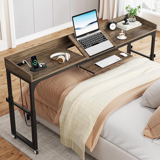 Tribesigns Height Adjustable Overbed Table with Wheels, Queen Size Over Bed Desk with Adjustable Tilt Stand, Mobile Laptop Cart Computer Desk with Outlets & USB Ports (Dark Gray) by Unknown
