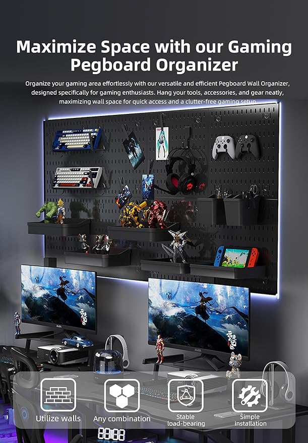 Wall Organizer Peg Board - Elevate And Declutter Your Gaming And Office - Create A Perfectly Structured Space(Black) - Image 5