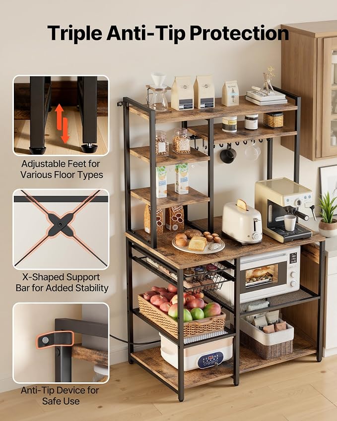 VEVOR Kitchen Bakers Rack with Power Outlets, 35.4x15.7x70.9 Inch Microwave Stand with Built-in Power Strip & 5 Ft Cord, 10 S-Shaped Hooks, for Dish Storage, Spice Jars, Coffee Bar Organization - Image 7