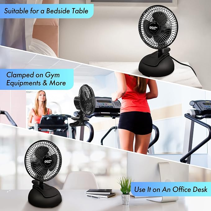 Comfort Zone CZ6XMBK 6” 2-Speed Combo Clip or Desk Fan with Removable Base, Strong Clamp for Firm Grip, Suitable for Bedroom, Office, or Dorm Room, Black - Image 7