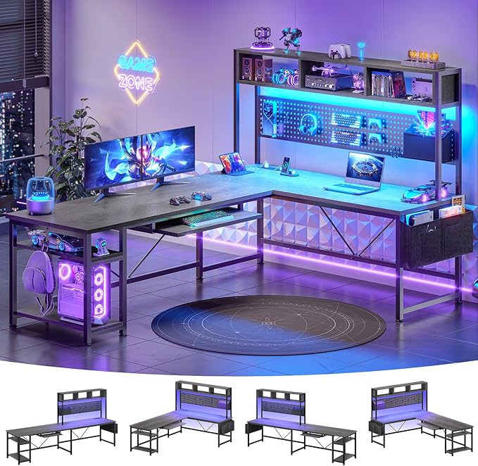 SEDETA L Shaped Office Desk with Hutch, Reversible 94.5" Computer Desk | L Shaped Gaming Desk with LED Light, Keyboard Tray, Storage Shelves and Headphone Hook for Home Office, Grey by SEDETA