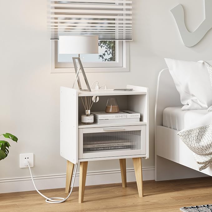 MMEOLUOOK Nightstand with Charging Station, Bedside Tables with Glass Decorative Door, End Table Side Table with 2 Tiers Storage Space, for Bedroom, Living Room, White CAMLBZ07WE - Image 2