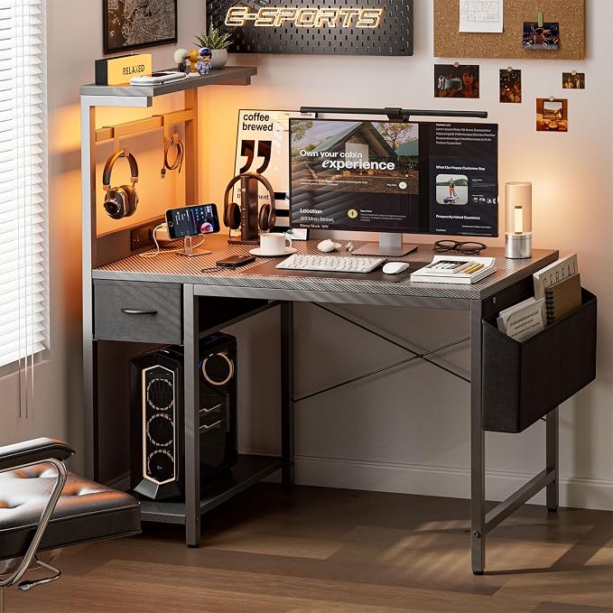 Grandder Gaming Desk 55 Inch with Power Outlet and LED Light, Computer Desk with Reversible Shelves and Storage Drawer, Pc Small Desk for Home Office Table with Bag, Carbon Fiber Grey - Image 2