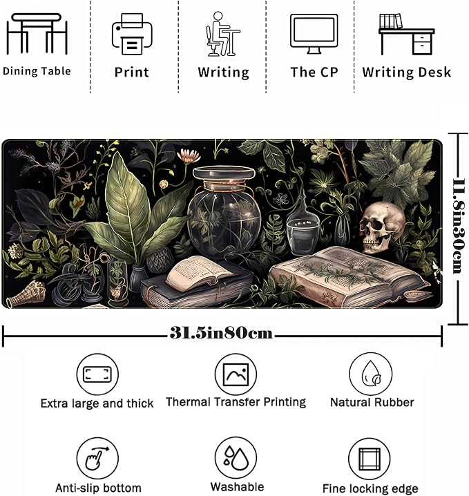 Dark Academia Desk Mat Mouse Pad XL Extended Large Gaming Desk Pad Mousepad, Mystical Green Plant Computer Laptop Keyboard and Mouse Mat, Desktop Protector Mat for Women Girl Office 31.5x11.8 in - Image 2