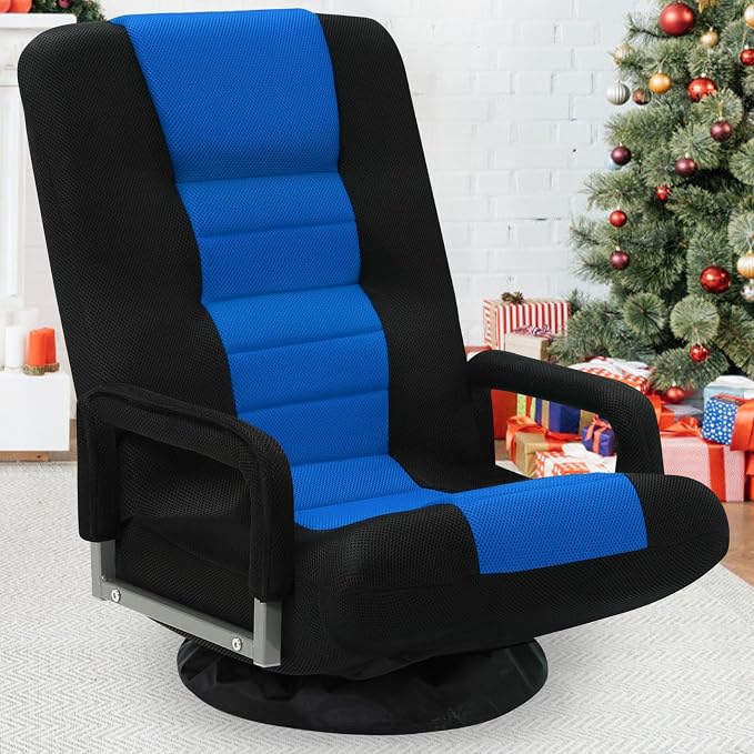 Swivel Floor Gaming Chair w/Armrests, Folding Video Reclining Sofa w/6 Adjustable Position, Padded Backrest & Cushion, Lazy Lounger Couch for E-Sports, Reading, Relaxing, Watching TV, Blue - Image 2