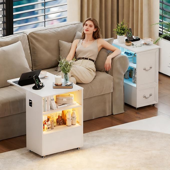 Dystler Rolling Side Table on Wheels, with Drawers & LED Lights Charging - Image 7