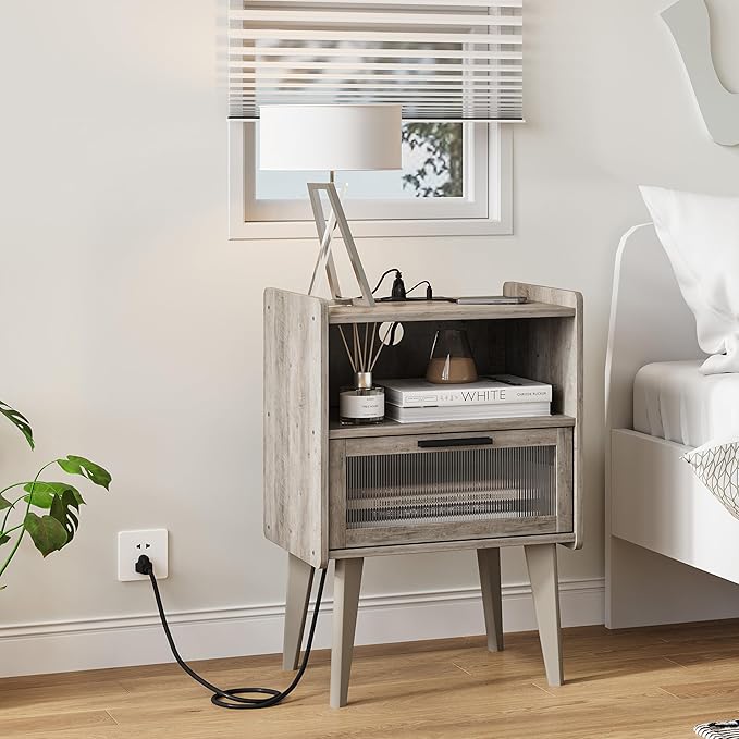 MMEOLUOOK Nightstand with Charging Station, Bedside Tables Oak Grey End Table Side Table with 2 Tiers Storage Space, for Bedroom Living Room MLBZ07GE - Image 2
