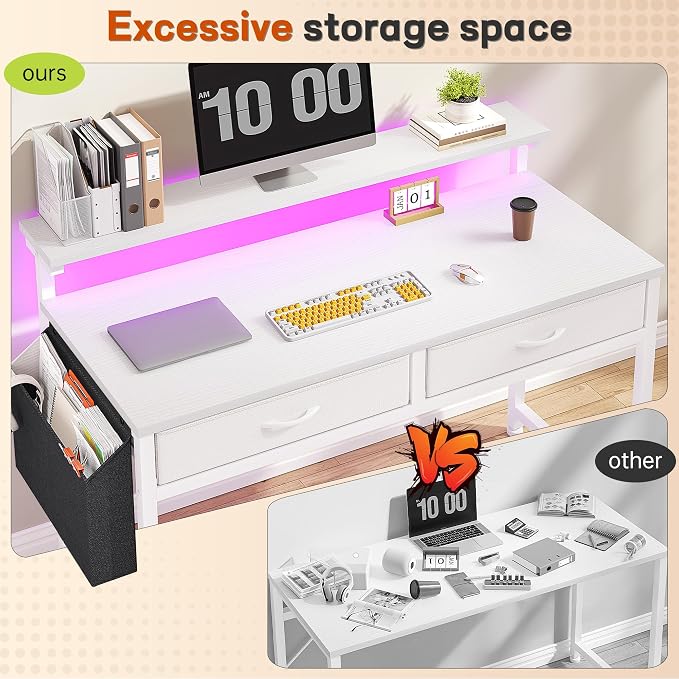 DurayLoly 39.4”Computer Desk with 2Drawers & LED Lights,Space Saving,White - Image 7
