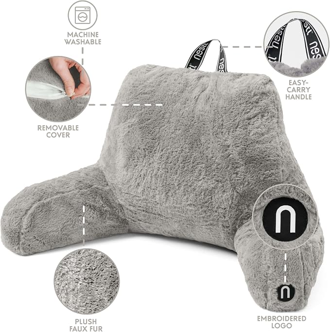 Nestl Fur Reading Pillow with Laptop Lap Desk, Stylish Back Pillow for Sitting Up, Lap Desk with Reading Pillows for Sitting in Bed Adult & Kids, Faux Fur Chair Pillow with Arms - Grey - Image 5