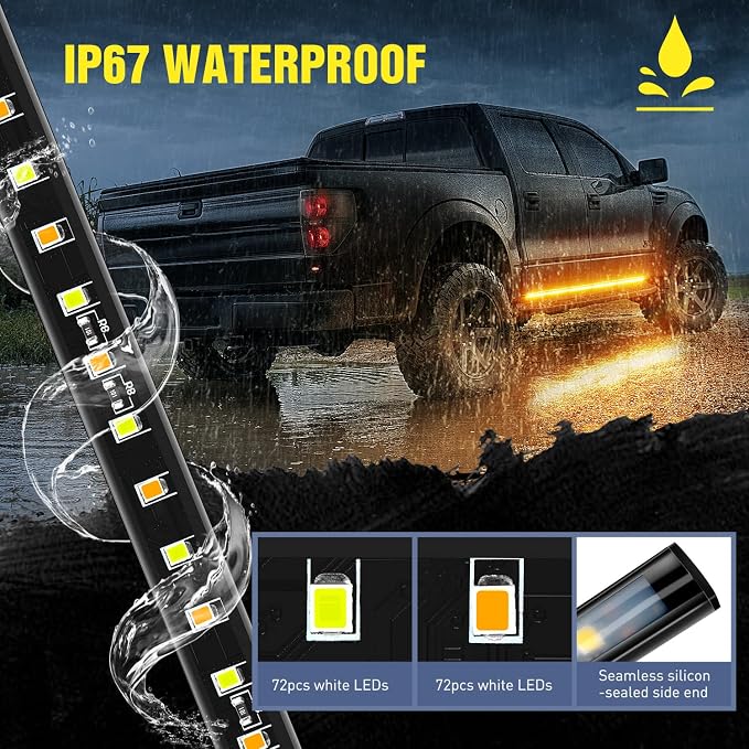 Nilight Truck Running Board Lights 2PCS 60 Inch LED Side Maker White Courtesy Light & Sequential Amber Turn Signal Lighting Strips Kit for Trucks Pickup SUV - Image 6