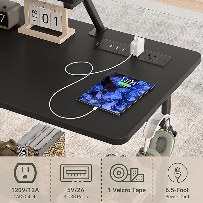 Height Adjustable Standing Desk with Power Outlets and LED Lights - 32" Manual Stand Up Desk with Monitor Stand and Storage Shelves Small Mobile Rolling Computer Desk Portable Laptop Table, Black - Image 8