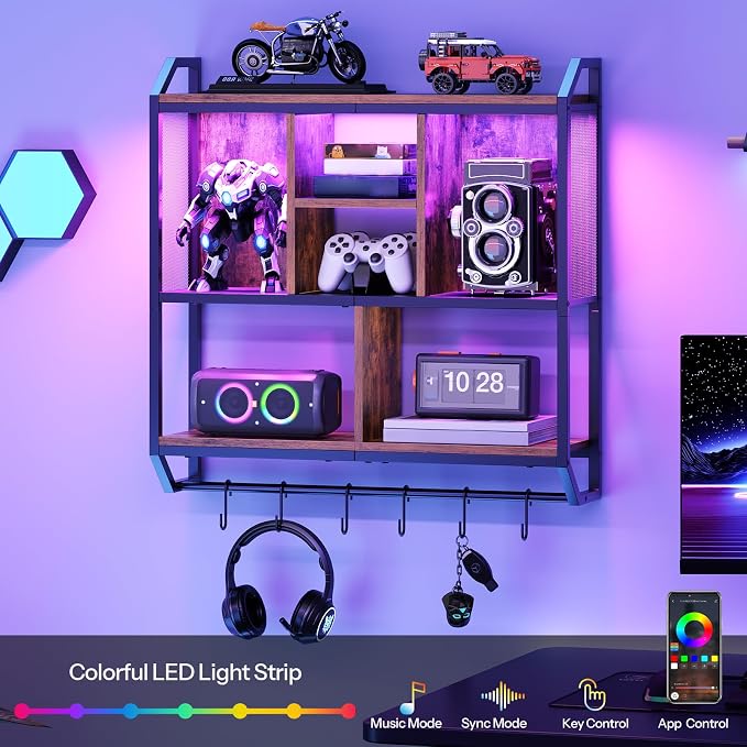 HOOBRO Gaming Floating Shelf with LED Lights, 28.7" LED Wall Mounted Shelf, 3-Tier Display Rack for Wall Storage, Floating Rack with Hanging Rod and 6 S-Hooks, Rustic Brown and Black BF70DBJ01 - Image 6