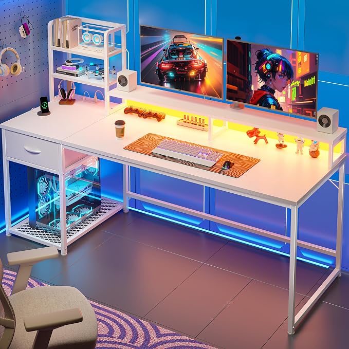 EnHomee 55" Reversible White Computer Desk with Hutch, USB & LED - Image 9