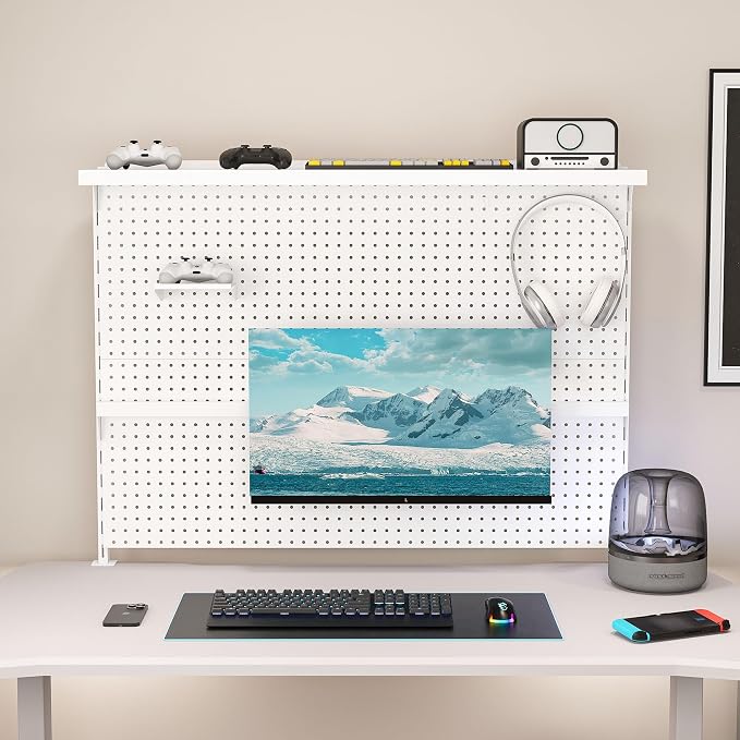 Clamp-On Desk Pegboard with Single Monitor Stand, 43x35 Inch Steel Peg Board Organizer with Hooks & Movable Panel for Gaming & Office, White by CLWHJ