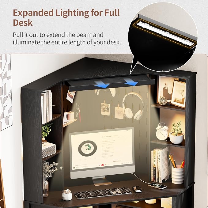 HNEBC Home Office Desk with Pull-Out LED,L-Shaped Corner Desk with Pull-Out LED Lights & Chariging Station,Computer Desk with Hutch & 10 Shelves,Pegboards for Work & Study,Black - Image 3