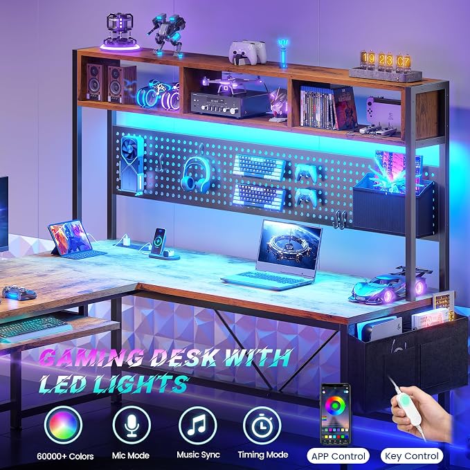 SEDETA L Shaped Computer Desk, Reversible Corner Desk with Power Outlet | Gaming Desk with Pegboard, Led Lights, Keyboard Tray, Headphone Hook and Storage Shelves, Rustic Brown - Image 8