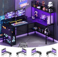 Aheaplus L Shaped Gaming Desk with Power Outlets & LED Lights, Black by Aheaplus
